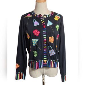 Michael Simon Colorful Embroidered Black Cardigan
